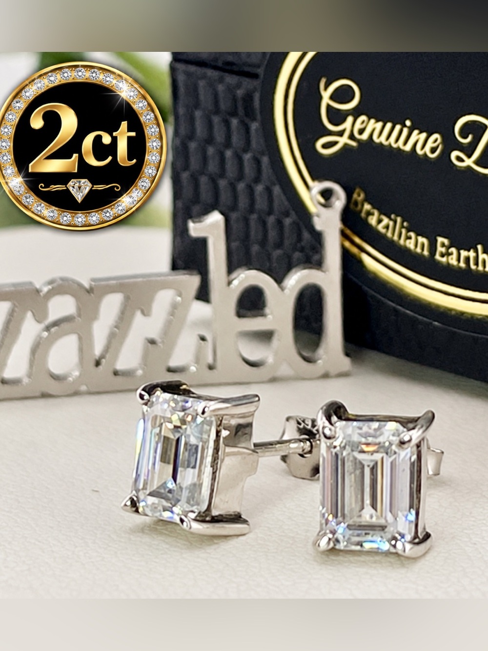 Certified 2ct Diamond Earrings 18k white Gold Electroplated on 925 Emerald cut